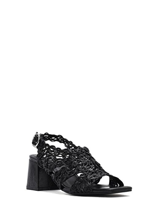 Kadın Siyah Örgülü Metalik Kalın Kısa Topuklu Sandalet 25SFD440632 - Görsel 8