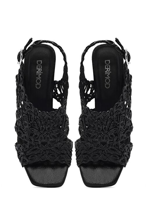 Kadın Siyah Örgülü Metalik Kalın Kısa Topuklu Sandalet 25SFD440632 - Görsel 9