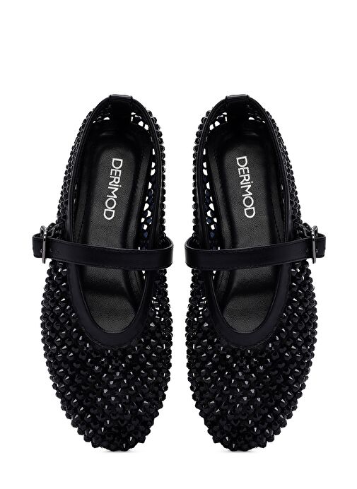 Kadın Siyah Fileli Taşlı Babet 25SFD441114 - Görsel 8