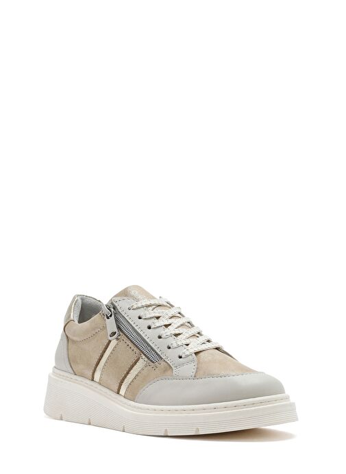 Kadın Bej Bağcıklı Kalın Tabanlı Deri Sneaker 25SFD371814 - Görsel 7