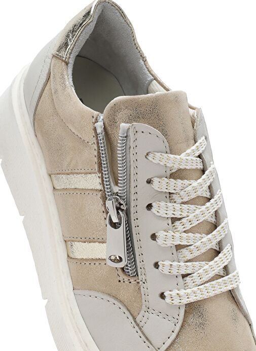 Kadın Bej Bağcıklı Kalın Tabanlı Deri Sneaker 25SFD371814 - Görsel 9