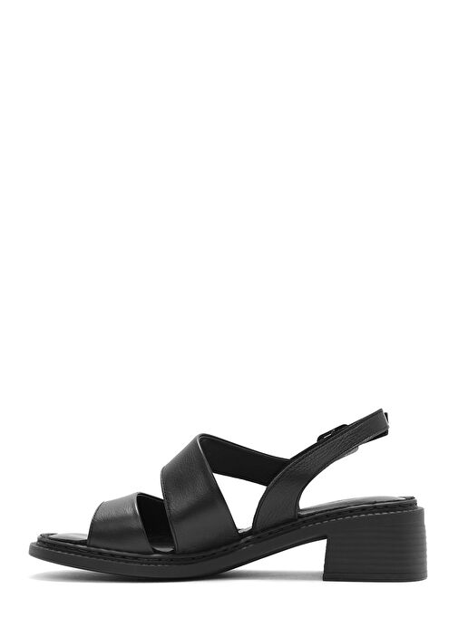 Kadın Siyah Bilekten Tokalı Kısa Topuklu Deri Sandalet 25SFD341118 - Görsel 3