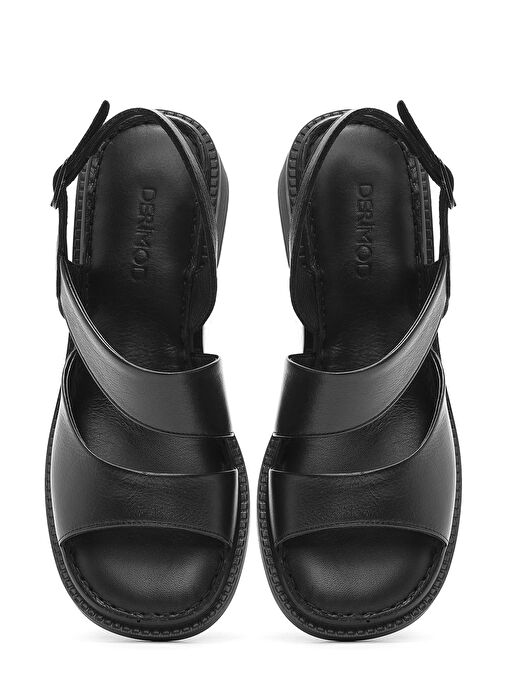 Kadın Siyah Bilekten Tokalı Kısa Topuklu Deri Sandalet 25SFD341118 - Görsel 8