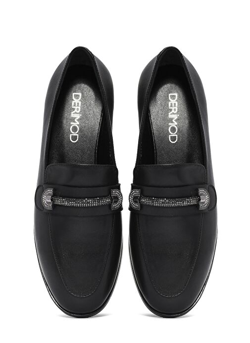 Kadın Siyah Tokalı Deri Maskülen Loafer 25SFD182218 - Görsel 7