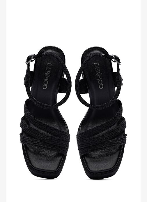 Kadın Siyah Bilekten Tokalı Yüksek Kalın Topuklu Platform Hasır Sandalet 25SFD4433M7 - Görsel 6