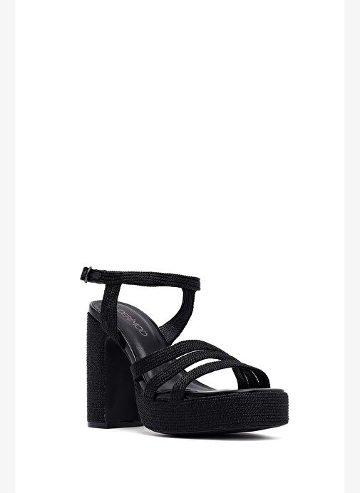 Kadın Siyah Bilekten Tokalı Yüksek Kalın Topuklu Platform Hasır Sandalet 25SFD4433M7 - Görsel 5