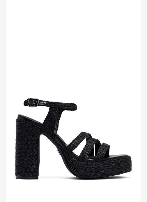 Kadın Siyah Bilekten Tokalı Yüksek Kalın Topuklu Platform Hasır Sandalet 25SFD4433M7 - Görsel 2