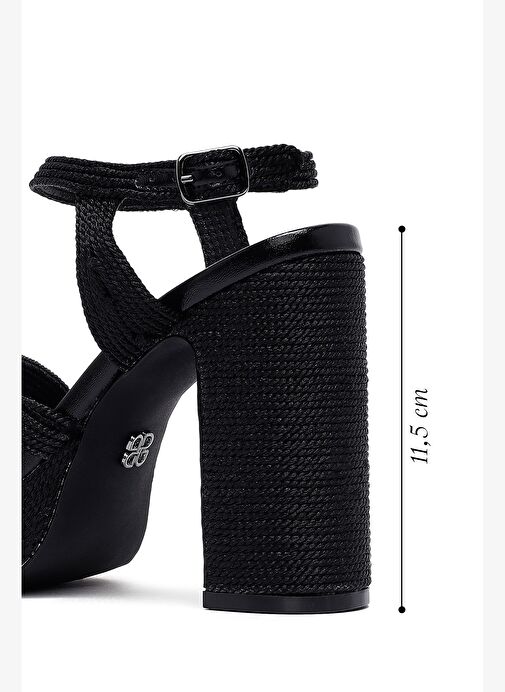 Kadın Siyah Bilekten Tokalı Yüksek Kalın Topuklu Platform Hasır Sandalet 25SFD4433M7 - Görsel 3