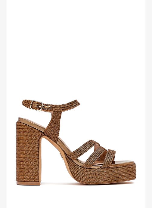 Kadın Bronz Bilekten Tokalı Yüksek Kalın Topuklu Platform Hasır Sandalet 25SFD4433M7 - Görsel 2