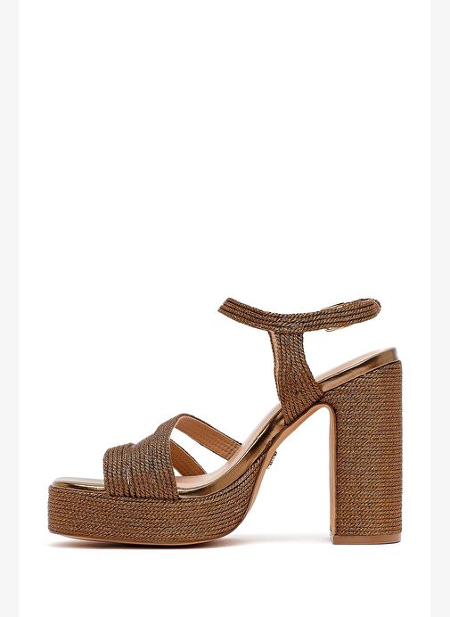 Kadın Bronz Bilekten Tokalı Yüksek Kalın Topuklu Platform Hasır Sandalet 25SFD4433M7 - Görsel 5