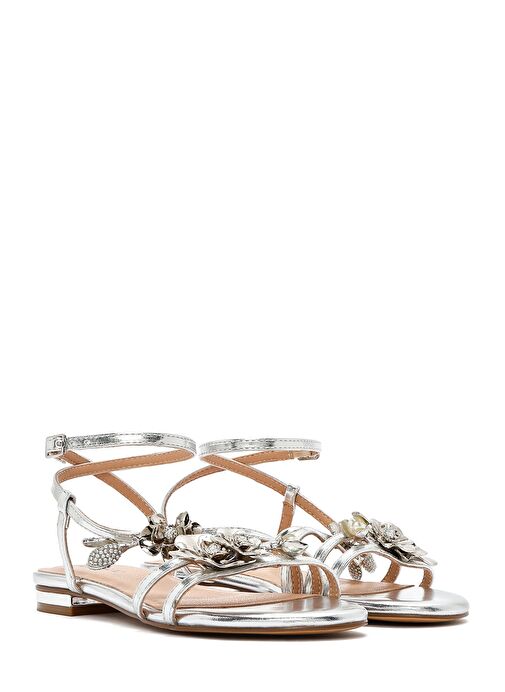 Kadın Gümüş Bilekten Tokalı Taşlı Metalik Sandalet 25SFD442132 - Görsel 4