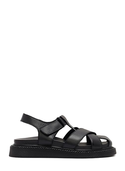 Kadın Siyah Bantlı Kalın Tabanlı Deri Sandalet 25SFD300918 - Görsel 2