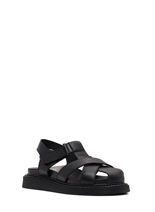 Kadın Siyah Bantlı Kalın Tabanlı Deri Sandalet 25SFD300918 - Görsel 7