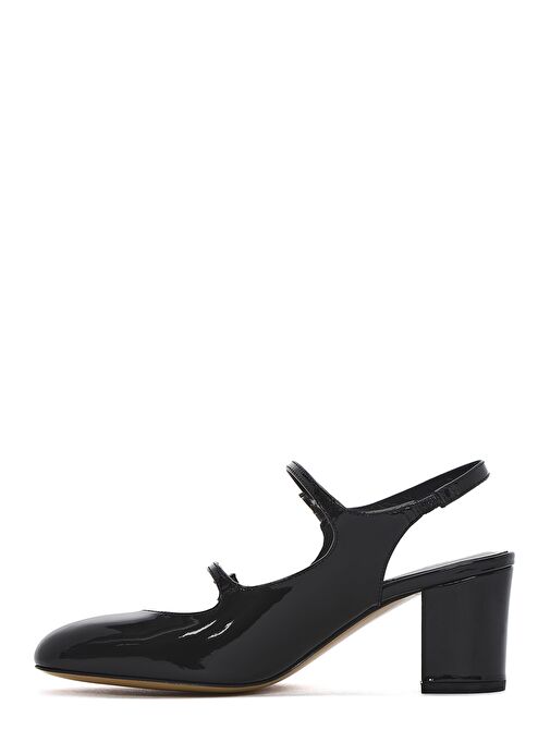 Kadın Siyah Çift Tokalı Arkası Açık Kalın Topuklu Rugan Deri Ayakkabı 24WFD230516 - Görsel 5
