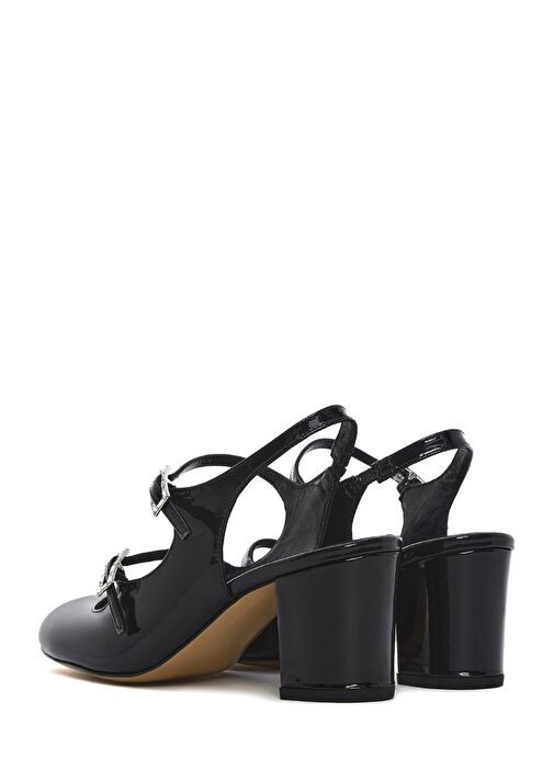 Kadın Siyah Çift Tokalı Arkası Açık Kalın Topuklu Rugan Deri Ayakkabı 24WFD230516 - Görsel 7
