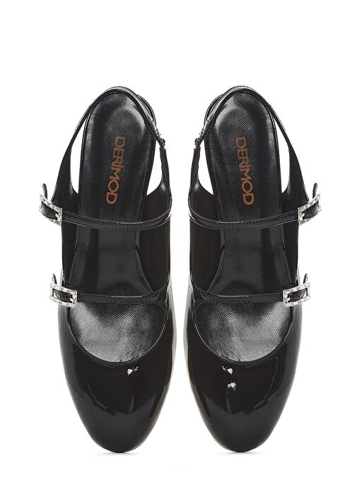 Kadın Siyah Çift Tokalı Arkası Açık Kalın Topuklu Rugan Deri Ayakkabı 24WFD230516 - Görsel 9
