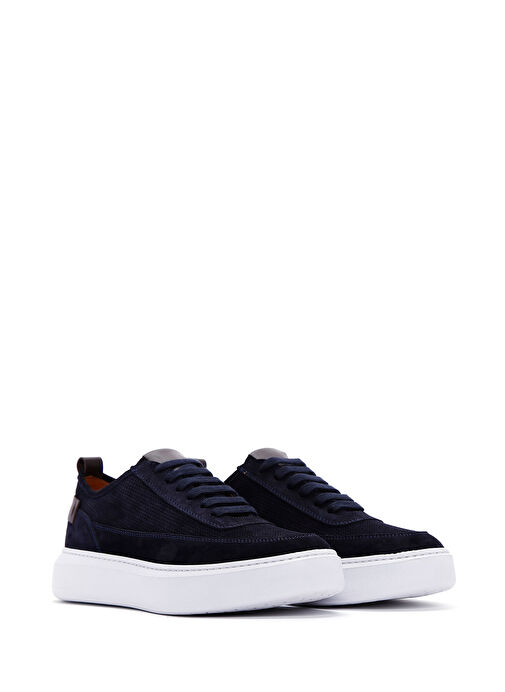 Erkek Lacivert Bağcıklı Kalın Tabanlı Süet Deri Sneaker 25SFD740310 - Görsel 4