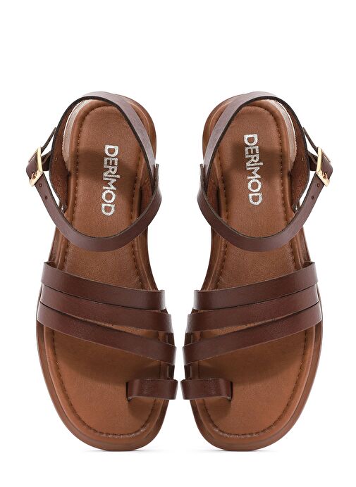 Kadın Kahverengi Bilekten Bağlamalı Parmak Arası Deri Bodrum Sandalet 25SFD332818 - Görsel 8