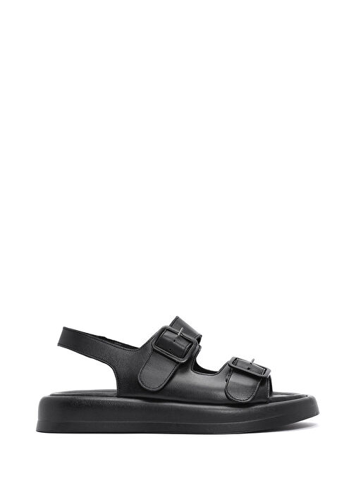 Kadın Siyah Kalın Tabanlı Deri Sandalet 25SFD362318 - Görsel 2