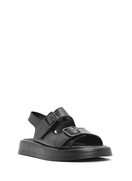 Kadın Siyah Kalın Tabanlı Deri Sandalet 25SFD362318 - Görsel 7