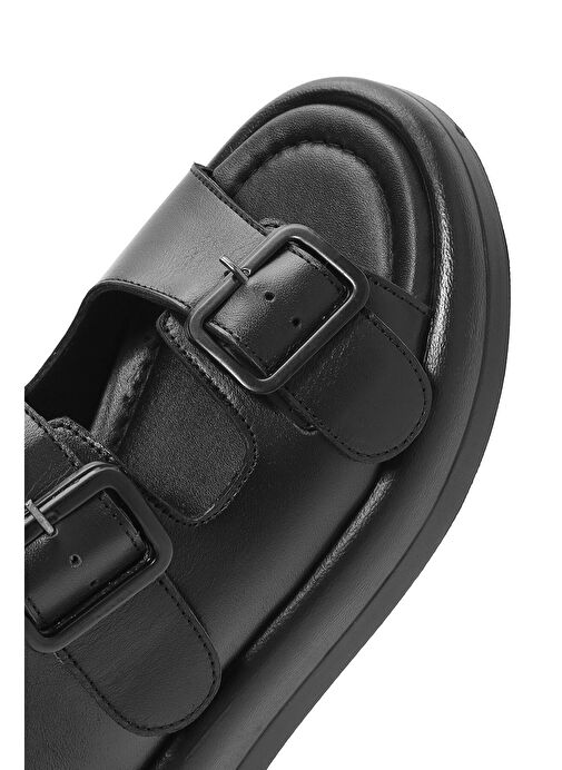 Kadın Siyah Kalın Tabanlı Deri Sandalet 25SFD362318 - Görsel 9