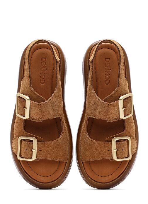 Kadın Vizon Arakdan Tokalı Kalın Tabanlı Süet Deri Sandalet 25SFD362310 - Görsel 8