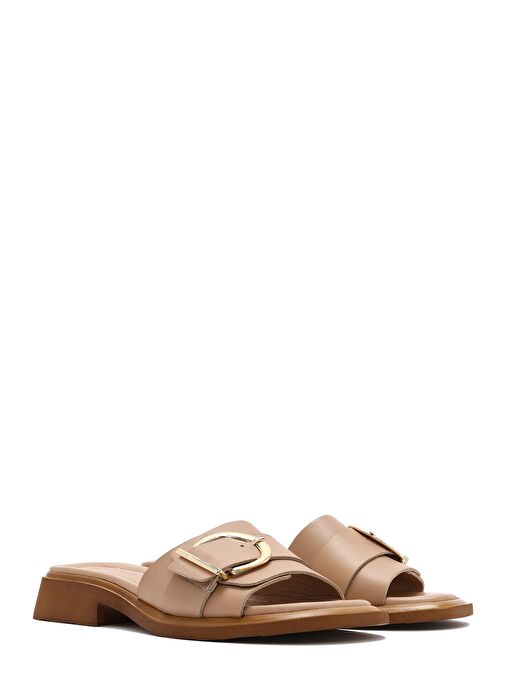 Kadın Bej Tokalı Deri Terlik 25SFD361418 - Görsel 4