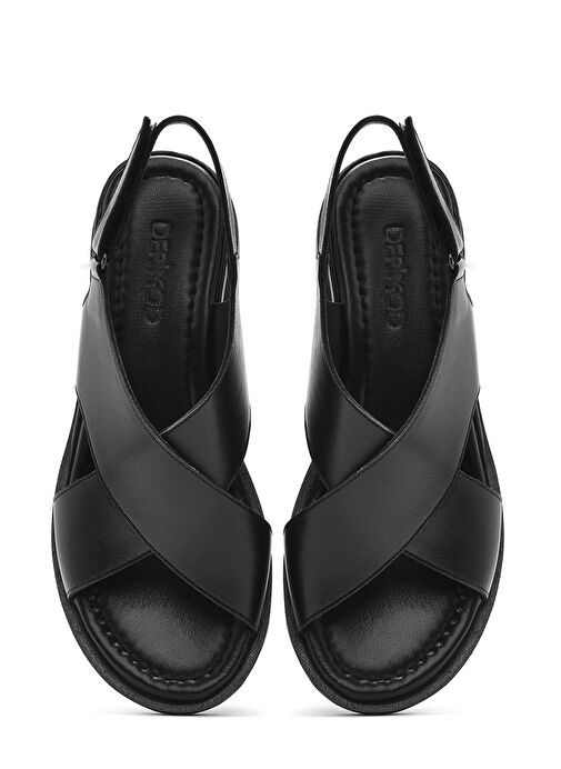 Kadın Siyah Bantlı Deri Sandalet 25SFD362618 - Görsel 8