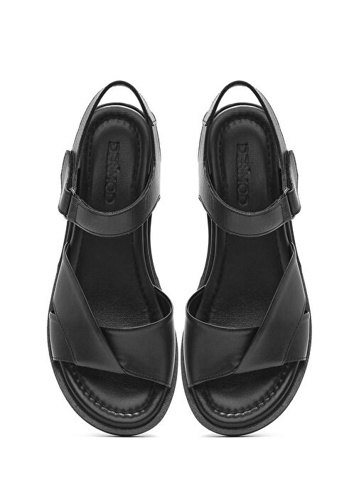 Kadın Siyah Bantlı Deri Sandalet 25SFD362818 - Görsel 8
