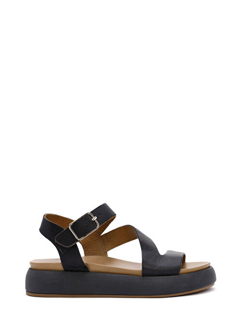 Kadın Siyah Bilekten Bantlı Kalın Tabanlı Deri Sandalet 25SFD550018 - Görsel 2