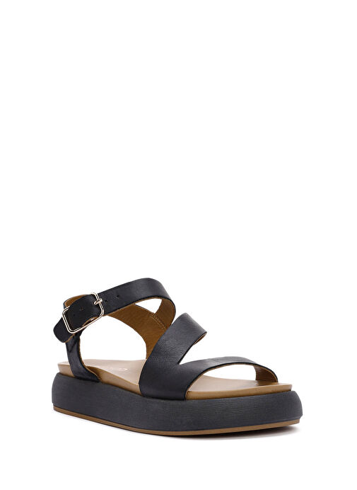 Kadın Siyah Bilekten Bantlı Kalın Tabanlı Deri Sandalet 25SFD550018 - Görsel 7