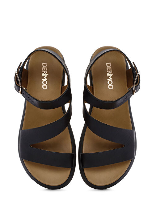 Kadın Siyah Bilekten Bantlı Kalın Tabanlı Deri Sandalet 25SFD550018 - Görsel 8