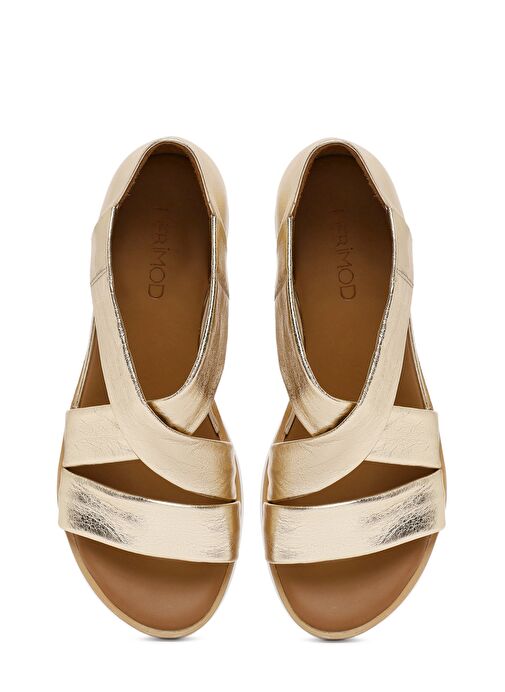 Kadın Altın Kalın Tabanlı Deri Sandalet 25SFD550232 - Görsel 8