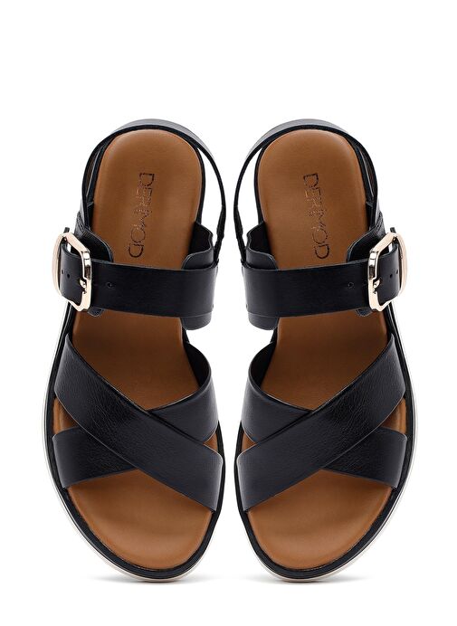 Kadın Siyah Bilekten Tokalı Kalın Tabanlı Deri Sandalet 25SFD550418 - Görsel 8