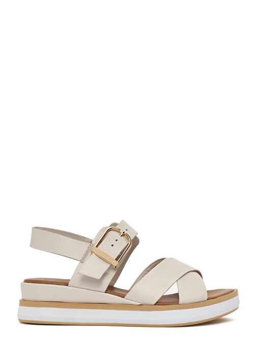 Kadın Krem Bilekten Tokalı Kalın Tabanlı Deri Sandalet 25SFD550418 - Görsel 2
