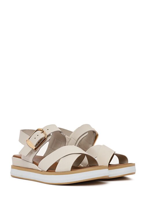 Kadın Krem Bilekten Tokalı Kalın Tabanlı Deri Sandalet 25SFD550418 - Görsel 4