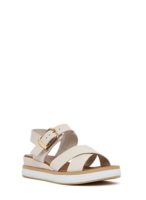 Kadın Krem Bilekten Tokalı Kalın Tabanlı Deri Sandalet 25SFD550418 - Görsel 7
