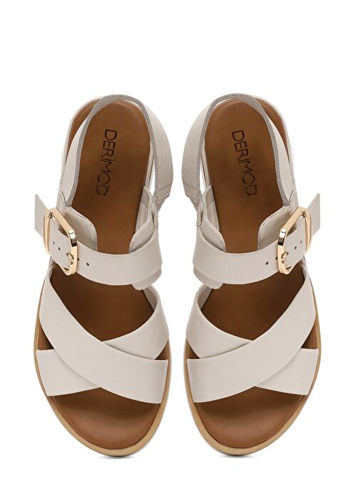 Kadın Krem Bilekten Tokalı Kalın Tabanlı Deri Sandalet 25SFD550418 - Görsel 8