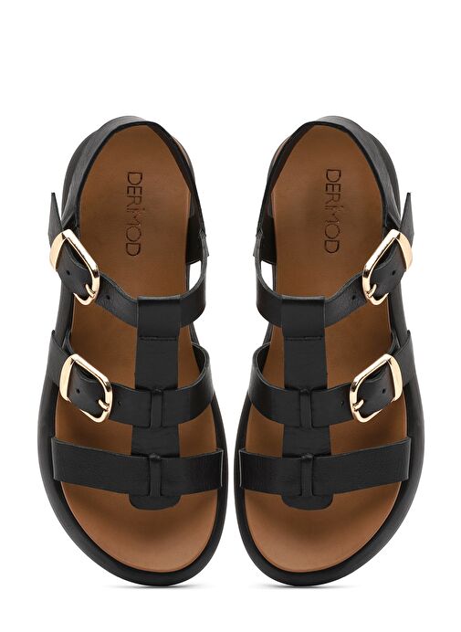 Kadın Siyah Tokalı Kalın Tabanlı Deri Sandalet 25SFD550318 - Görsel 8