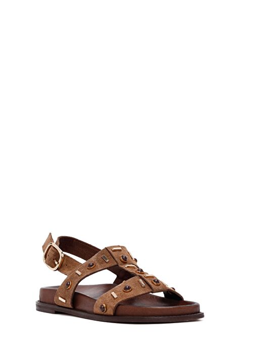 Kadın Vizon Taşlı Süet Deri Sandalet 25SFD550810 - Görsel 7