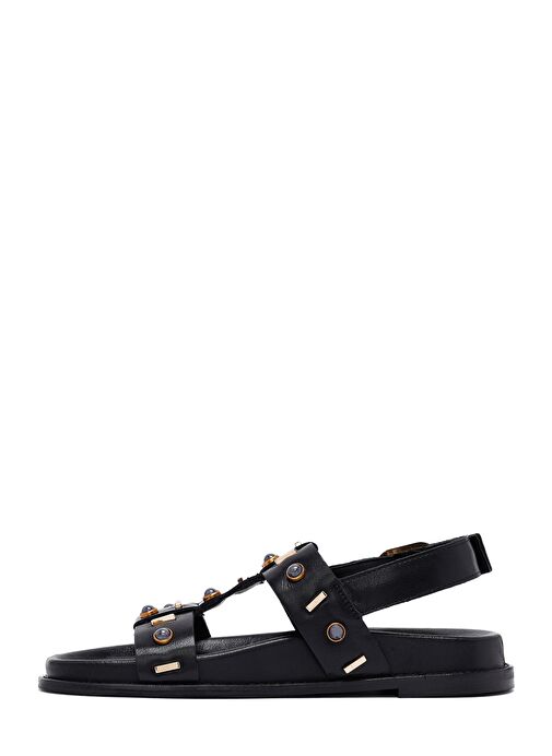 Kadın Siyah Taşlı Deri Sandalet 25SFD550818 - Görsel 3