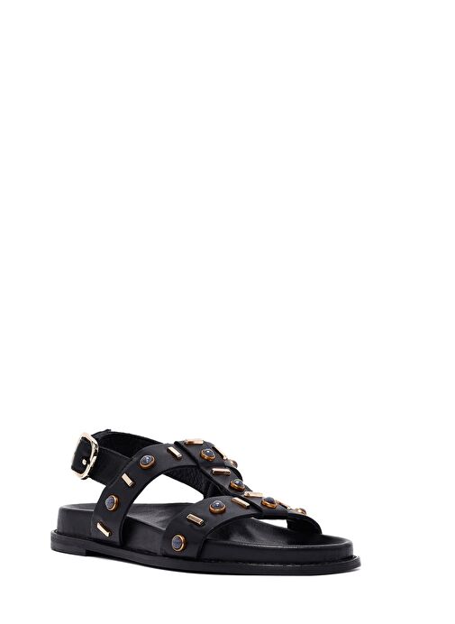 Kadın Siyah Taşlı Deri Sandalet 25SFD550818 - Görsel 7