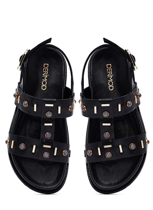 Kadın Siyah Taşlı Deri Sandalet 25SFD550818 - Görsel 8