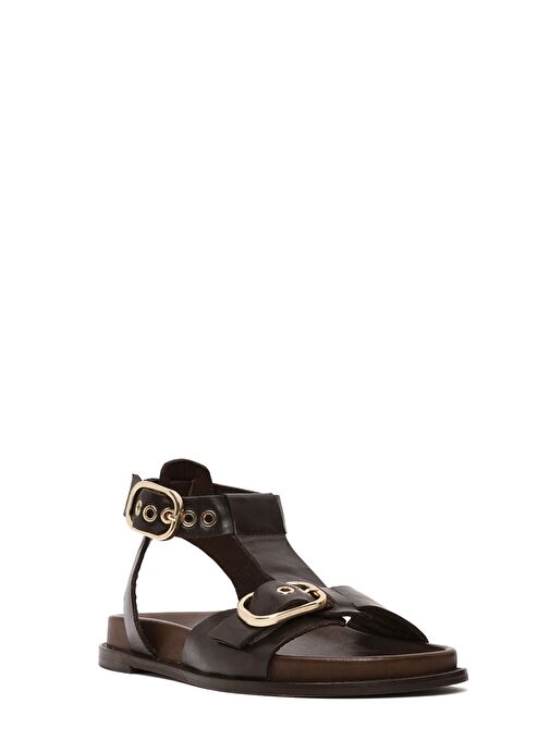 Kadın Kahverengi Bilekten Bantlı Deri Sandalet 25SFD550918 - Görsel 7