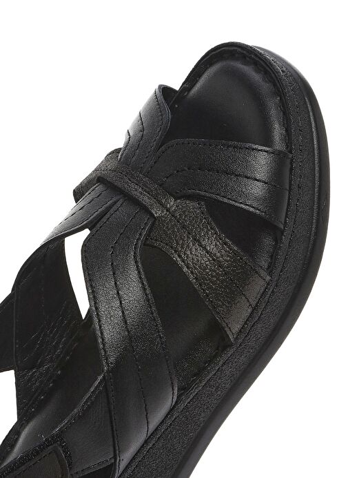 Kadın Siyah Kalın Tabanlı Deri Comfort Sandalet 25SFD321314 - Görsel 9