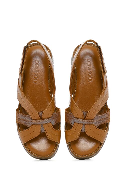 Kadın Taba Kalın Tabanlı Deri Comfort Sandalet 25SFD321314 - Görsel 8