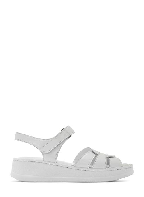 Kadın Beyaz Bantlı Kalın Tabanlı Deri Comfort Sandalet 25SFD321418 - Görsel 2
