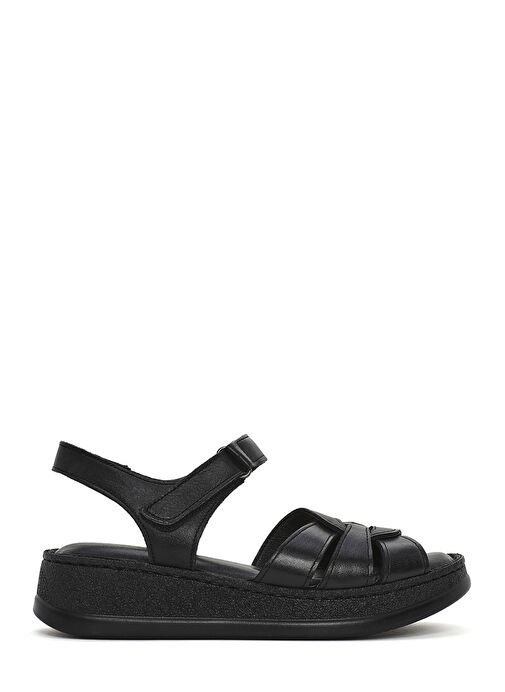 Kadın Siyah Bantlı Kalın Tabanlı Deri Comfort Sandalet 25SFD321418 - Görsel 2