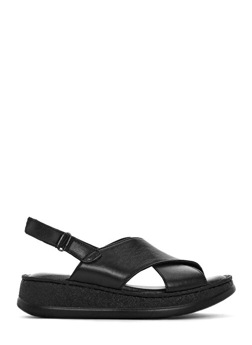 Kadın Siyah Bantlı Kalın Tabanlı Deri Comfort Sandalet 25SFD321718 - Görsel 2