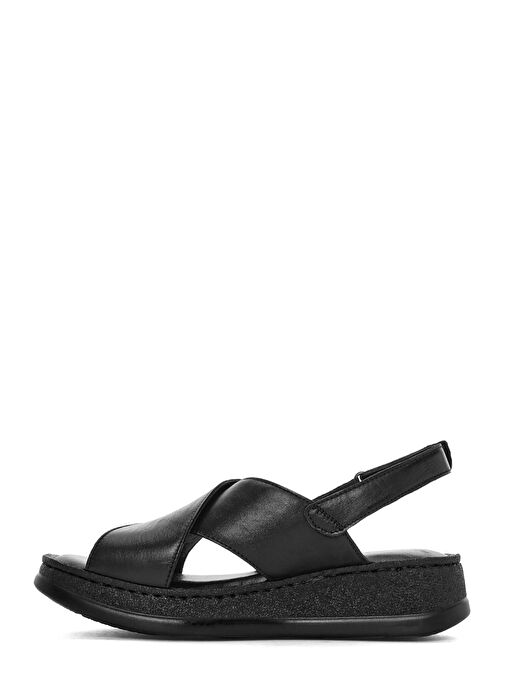 Kadın Siyah Bantlı Kalın Tabanlı Deri Comfort Sandalet 25SFD321718 - Görsel 3
